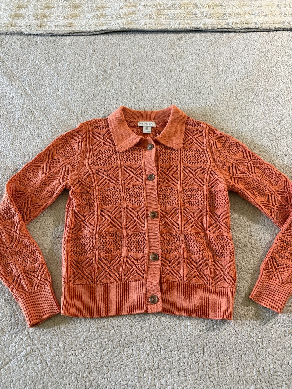 Rachel Zoe Terracotta Openwork Knit Polo Cardigan Medium